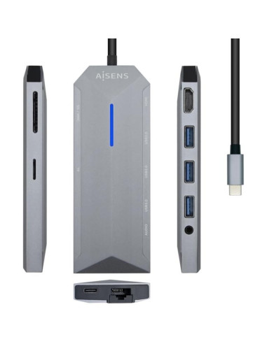 Periferico AISENS 48898 - AISENS DOCK STATION 9 EN 1 USB-C A 1XHDMI, 1XRJ45, 3XUSB, 1XPD, 1XAUDIO, 1XSD, 1XMICRO SD, GRIS