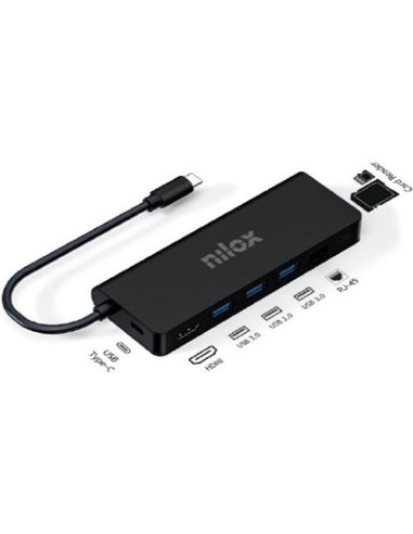 Periferico NILOX 61344 - NILOX DOCK STATION USB-C 8 EN 1 3XUSB 3.2, 1XHDMI, SD, RJ45, PD, MICRO SD NEGRO