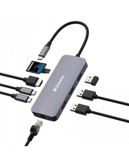 Periferico VERBATIM 57343 - VERBATIM HUB PRO USB-C A 1XUSB 3.2/2XUSB 3.2/1XHDMI/1XRJ45/2XUSB-C/1XSD/1XMICROSD PLATA