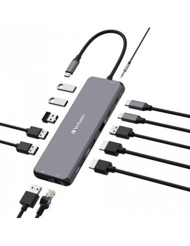 Periferico VERBATIM 57977 - VERBATIM HUB PRO USB-C A 2XHDMI/1XDP/1XRJ45/3XUSB-A 3.2/1XUSB-A 3.2/2 XUSB-A 2.0/1X JACK PLATA