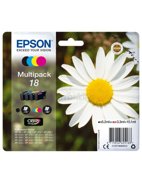 Cartucho de tinta C13T18064022 EPSON - Epson Expression Home XP-102/205/305/405 MultiPack 4 Cartuchos (KCMY)(Radiofrecuencia)
