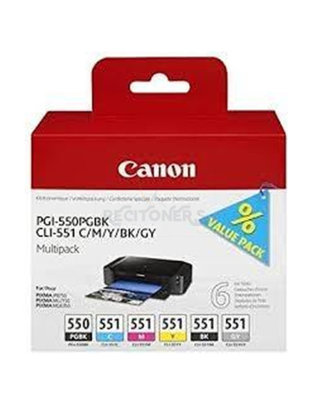 Cartucho de tinta 6496B005 CANON - CANON TINTA MULTIPACKPACK PGBK+C/M/Y/BK/GY PIXMA IP 7240/7250 - PGI 550 + CLI 551 (PACK 6