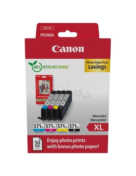 Cartucho de tinta 0332C006 CANON - CANON TINTA ECOPACK BK+ C/M/Y +50H PAPEL FOTO 10X15 GLOSSY II PARA PIXMA TS