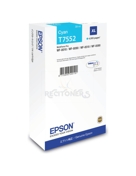 Cartucho de tinta C13T75524N EPSON - EPSON Cartucho Cian XL 4000p WF-8xxx