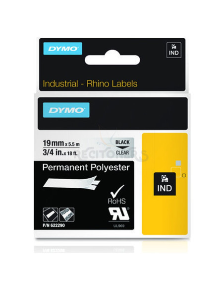 Papeleria 622290 DYMO - DYMO CINTA DE ETIQUETAS INDUSTRIAL ADHESIVA ID1-19 - NEGRO SOBRE TRANSPARENTE - 19MMX5´5M - POLIESTER