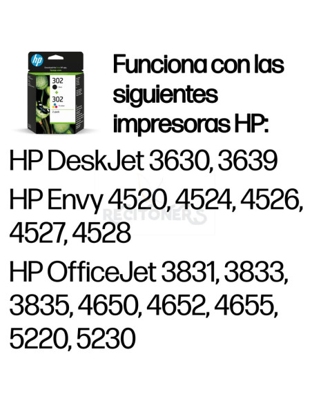 Cartucho de tinta X4D37AE HP - HP TINTA NEGRO + TRICOLOR (C/M/Y) OFFICEJET 3830 - Nº 302 (F6U66AE + F6U65AE) (PACK 4 COLORES)