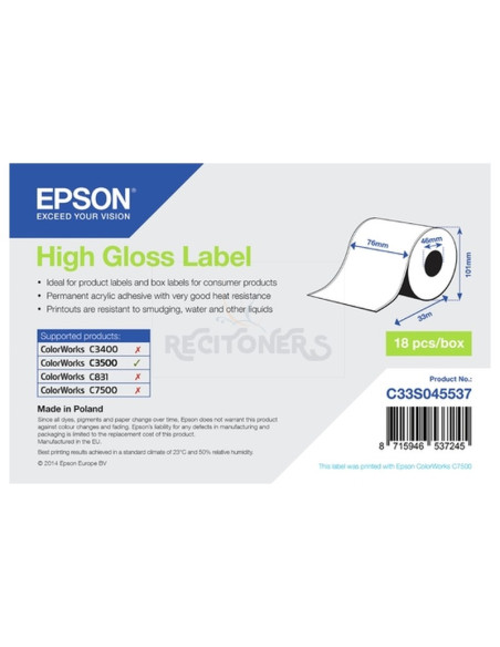 Papeleria C33S045537 EPSON - Epson Etiquetas altamente brillantes, Rollo, 76mm x 33m C33S045537