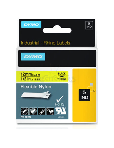 Papeleria 18490 DYMO - DYMO CINTA DE ETIQUETAS INDUSTRIAL ADHESIVA ID1-12 - NEGRO SOBRE AMARILLO - 12MMX3´5M - NYLON FLEXIBLE