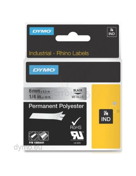 Papeleria 1805441 DYMO - DYMO CINTA DE ETIQUETAS INDUSTRIAL ID1-6 - NEGRO SOBRE GRIS METÁLICO - 6MMX5´5M - POLIÉSTER