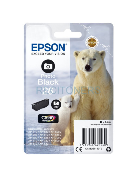Cartucho de tinta C13T26114022 EPSON - Epson Claria Premium Cartucho foto negro 26 (Blister + Alarma acustico/Radiofrecuencia)