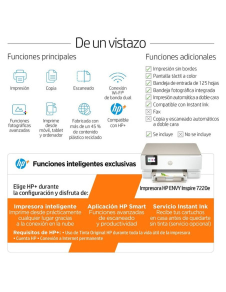 HP ENVY Impresora multifuncion Inspire 7220e, Color, Impresora para Hogar, Impresion, copia, escaner