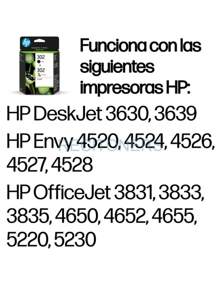 HP TINTA NEGRO + TRICOLOR (C/M/Y) OFFICEJET 3830 - Nº 302 (F6U66AE + F6U65AE) (PACK 4 COLORES)