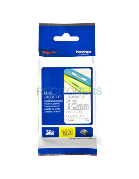 Papeleria TZe145 BROTHER - CINTA LAMINADA. TEXTO BLANCO SOBRE FONDOTRANSPARENTE 18MM X 8M TZ-E145