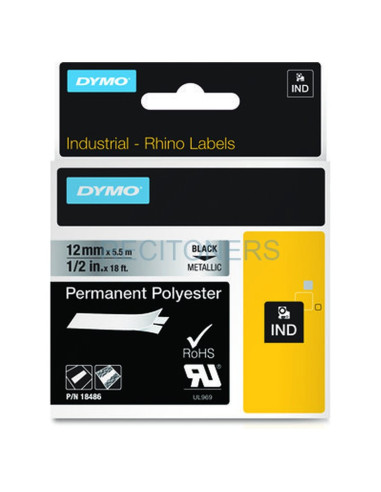 Papeleria 18486 DYMO - DYMO CINTA DE ETIQUETAS INDUSTRIAL ADHESIVA ID1-12 - NEGRO SOBRE PLATEADO - 12MMX5´5M - POLIESTER - ROTUL